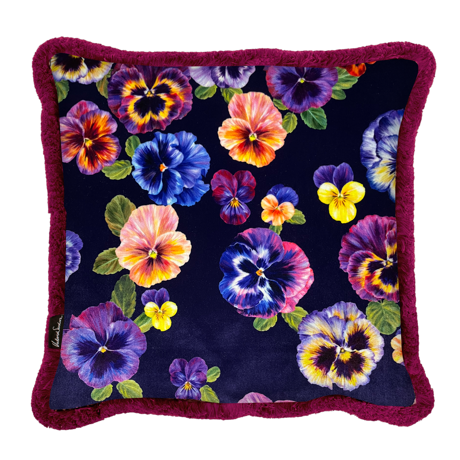 PLETHORA OF PANSIES Violet  Medium Fringe Medium pile heavy Velvet Cushion